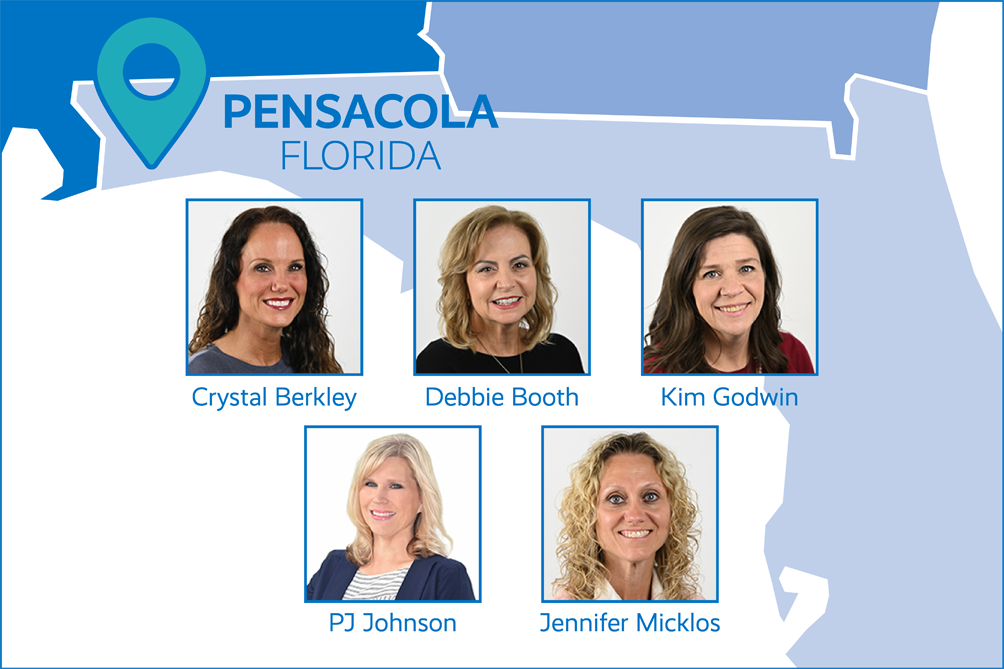 Graphic highlighting the Pensacola, Florida area on a map of Florida with a location pin icon. Five employee headshots are displayed with names underneath: Crystal Berkley, Debbie Booth, and Kim Godwin across the top row; PJ Johnson and Jennifer Micklos across the bottom row. The background features a stylized Florida map in blue and gray tones with the text “Pensacola, Florida.