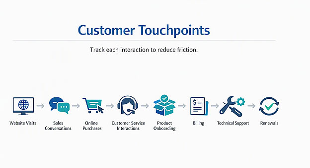 Infographic titled Customer Touchpoints with the subtitle Track each interaction to reduce friction. A horizontal customer journey is illustrated with icons and arrows connecting these stages: Website Visits, Sales Conversations, Online Purchases, Customer Service Interactions, Product Onboarding, Billing, Technical Support, and Renewals. The graphic shows the progression of customer interactions across the customer lifecycle.