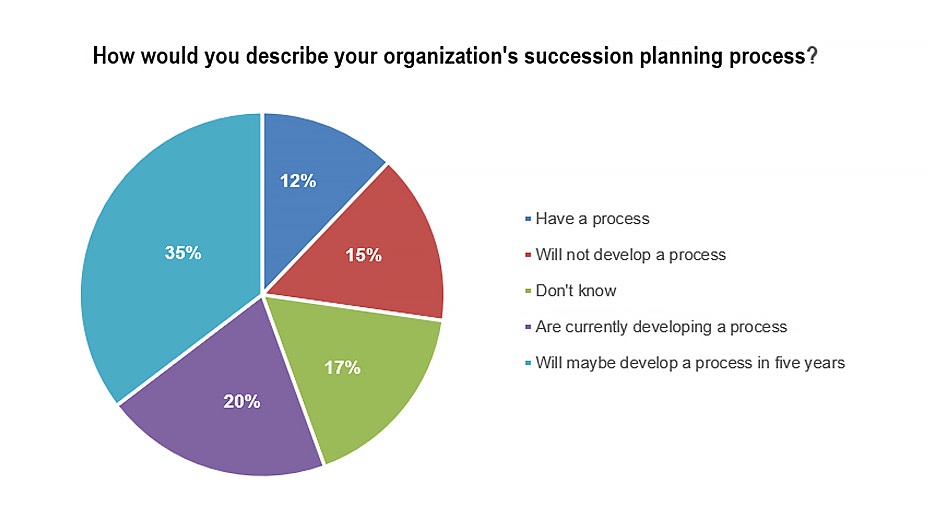 Chart showing the distribution of responses to the 2024 survey question describing organizations to describe their succession planning process. The responses were as follows: 35% will maybe develop a process in five years, 20% are currently developing a process, 17% don't know, 15% will not develop a process, and 12% have a process.