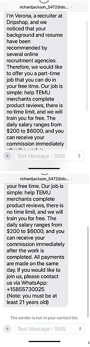 Screenshot of a text message from a scammer attempting to deceive the recipient with a fake request, likely involving money, personal information, or urgent action.